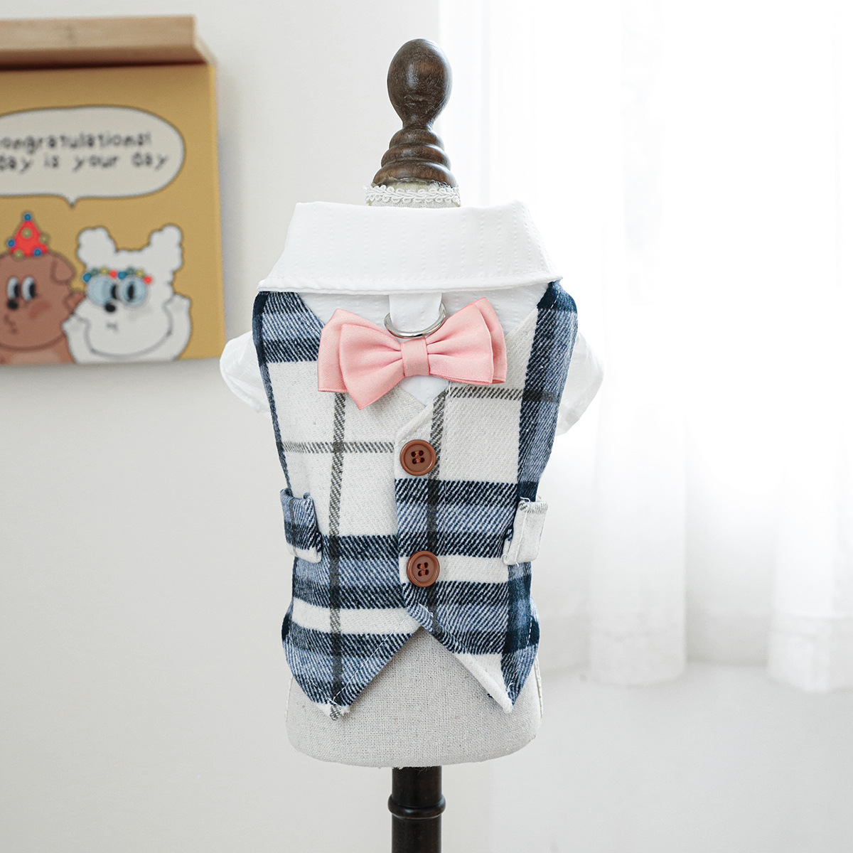 Pet Autumn Winter Warm Blue Checkered Tuxedo