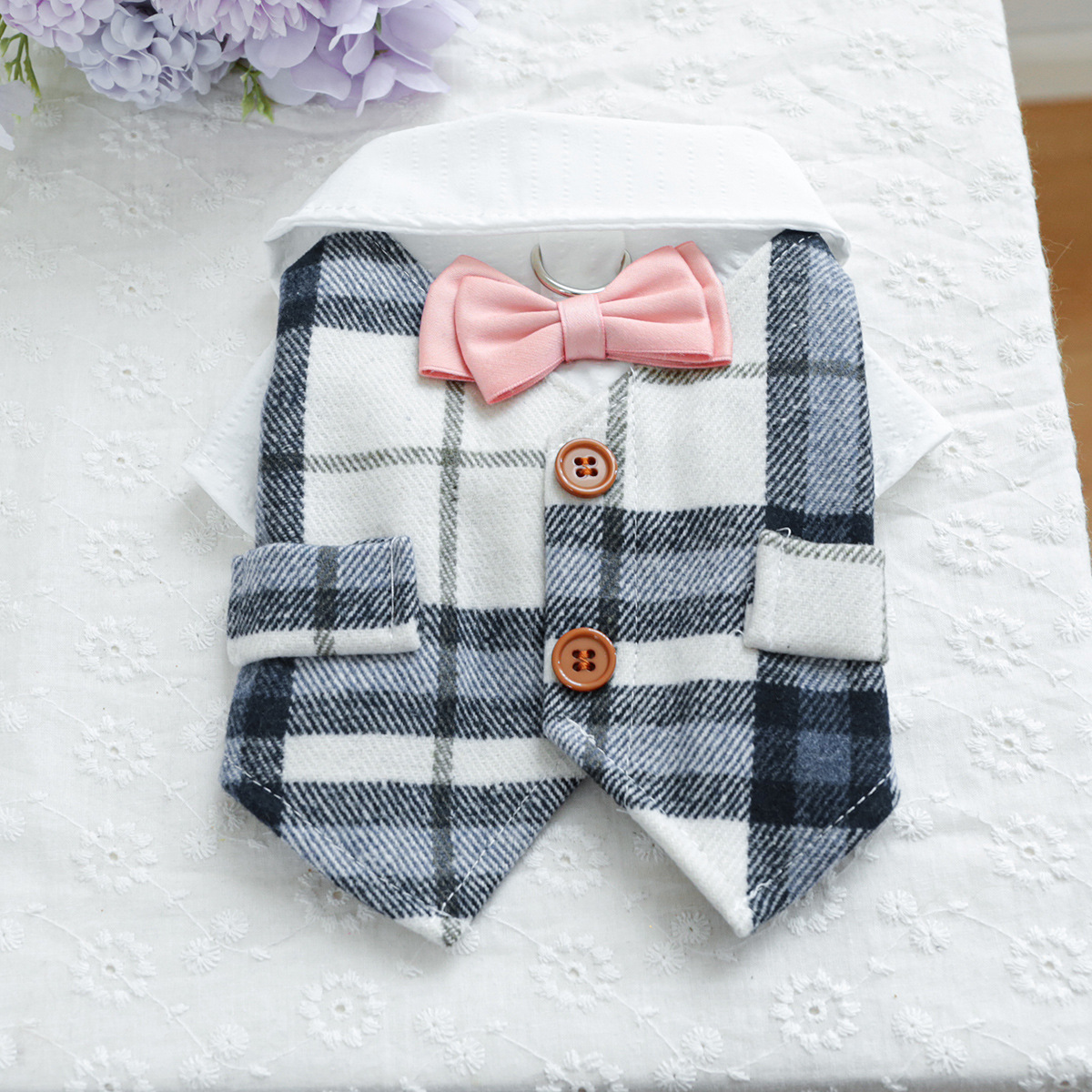 Pet Autumn Winter Warm Blue Checkered Tuxedo