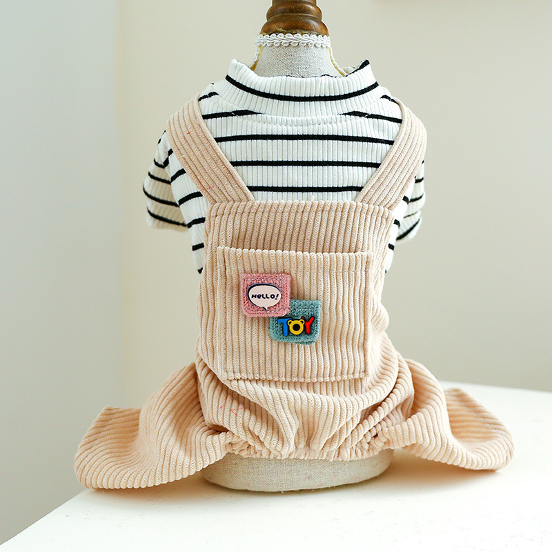 Pet Dog Striped Pocket Overalls Soft Corduroy Clothes