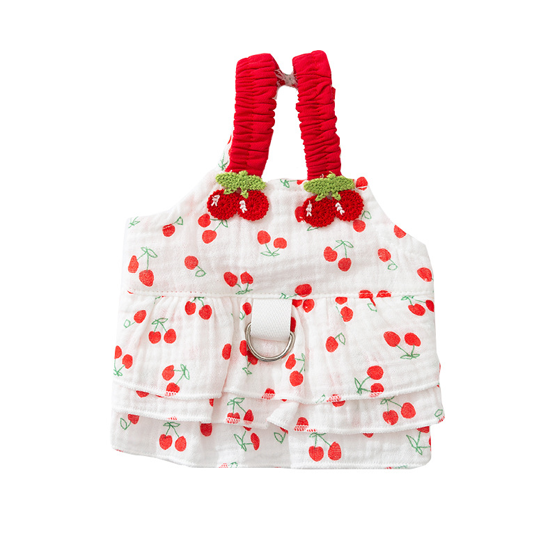 Cherry-themed pet dress with summer thin fabric and leash