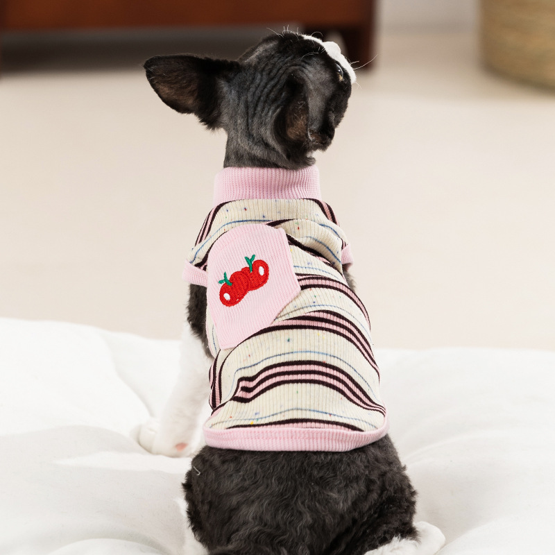 Summer thin-striped cat vest with cherry embroidery