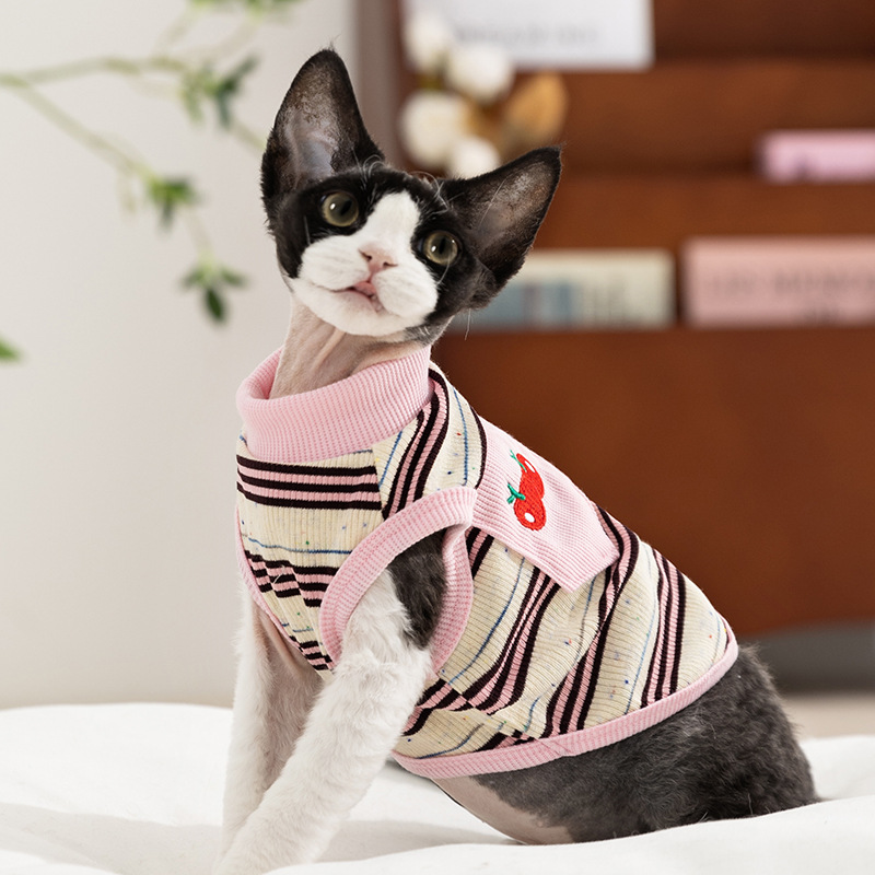 Summer thin-striped cat vest with cherry embroidery