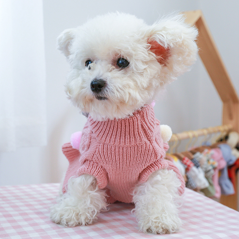 Cozy Knit Pet Sweater  with Three-Tone Pom-Pom