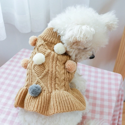 Cozy Knit Pet Sweater  with Three-Tone Pom-Pom 01