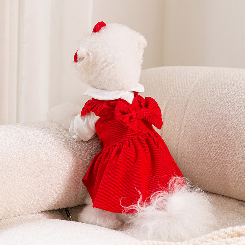 Autumn Puppy Red Bow -Tie Dress Set