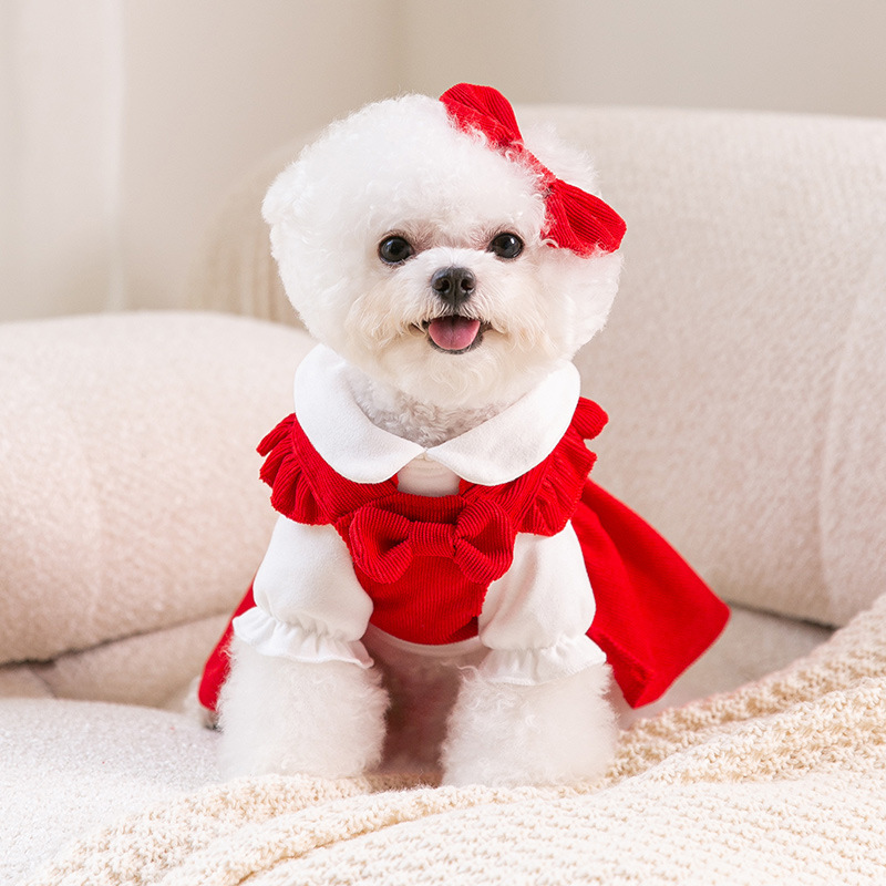 Autumn Puppy Red Bow -Tie Dress Set