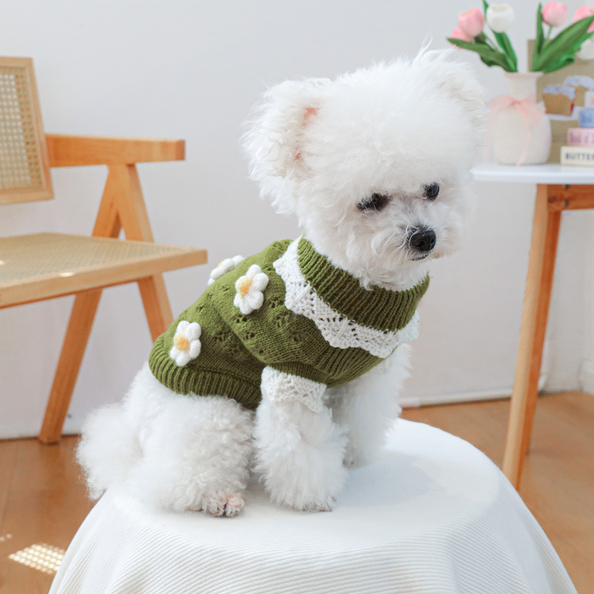 Adorable Pet Knit Sweater with Flowers