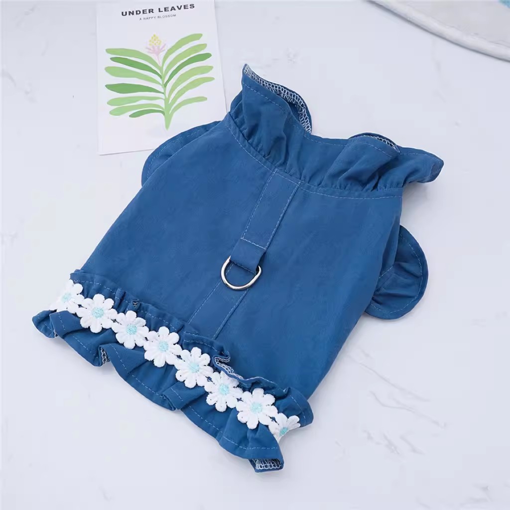 Pet Summer Denim Chest Harness Dress with Leash Ring