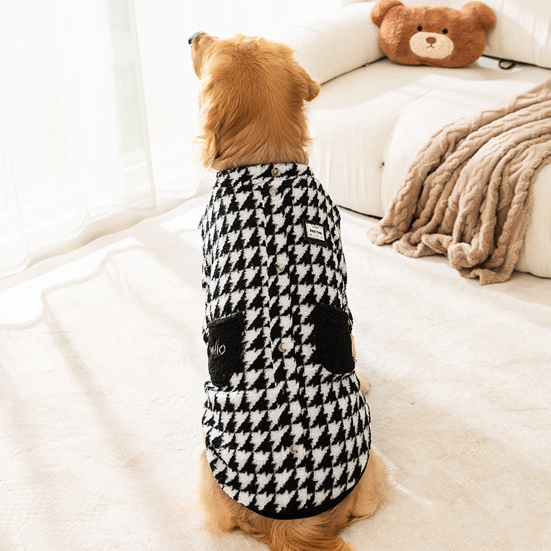 Winter Houndstooth Pocket Embroidery Warm Coat
