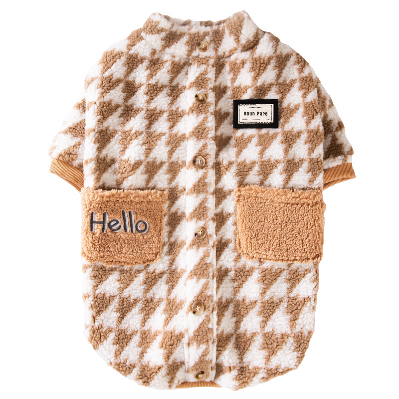 Winter Houndstooth Pocket Embroidery Warm Coat