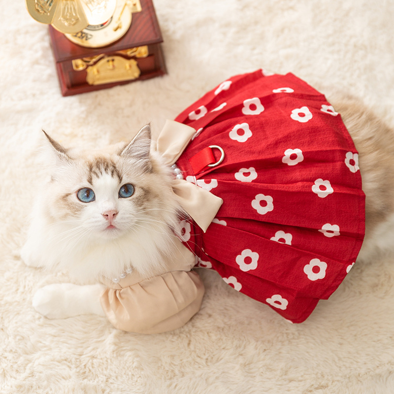 Pet Dress Bowknot Pearl Traction Cotton Dress