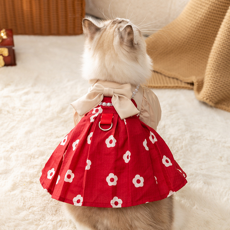 Pet Dress Bowknot Pearl Traction Cotton Dress