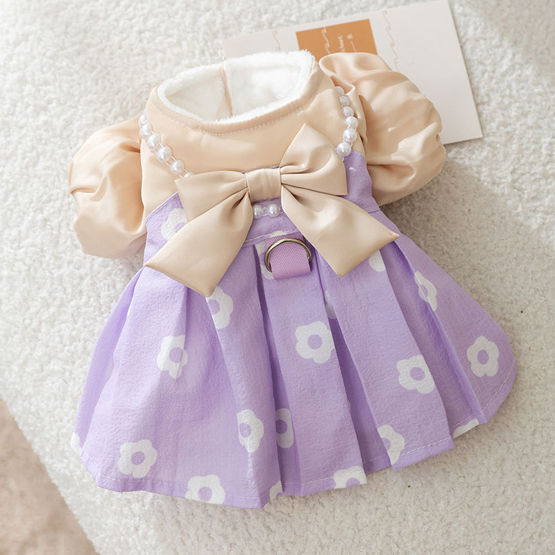 Pet Dress Bowknot Pearl Traction Cotton Dress