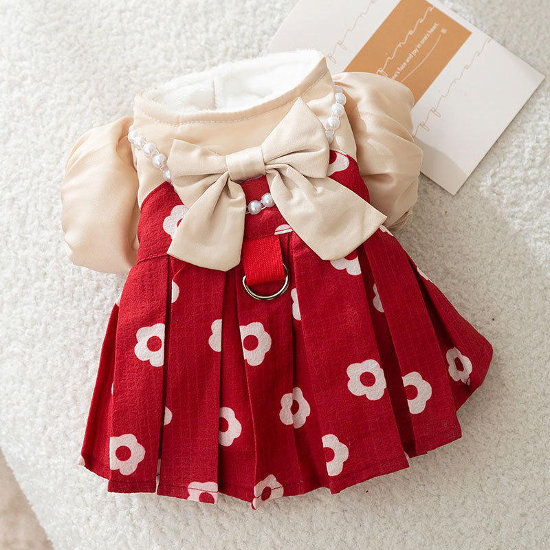 Pet Dress Bowknot Pearl Traction Cotton Dress