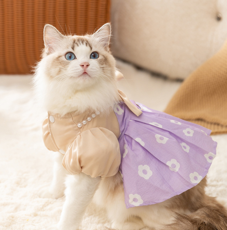 Pet Dress Bowknot Pearl Traction Cotton Dress