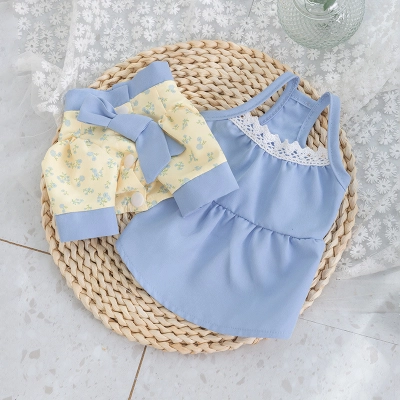 Pet Summer Fresh Floral Print Strapless Two piece Dress 01