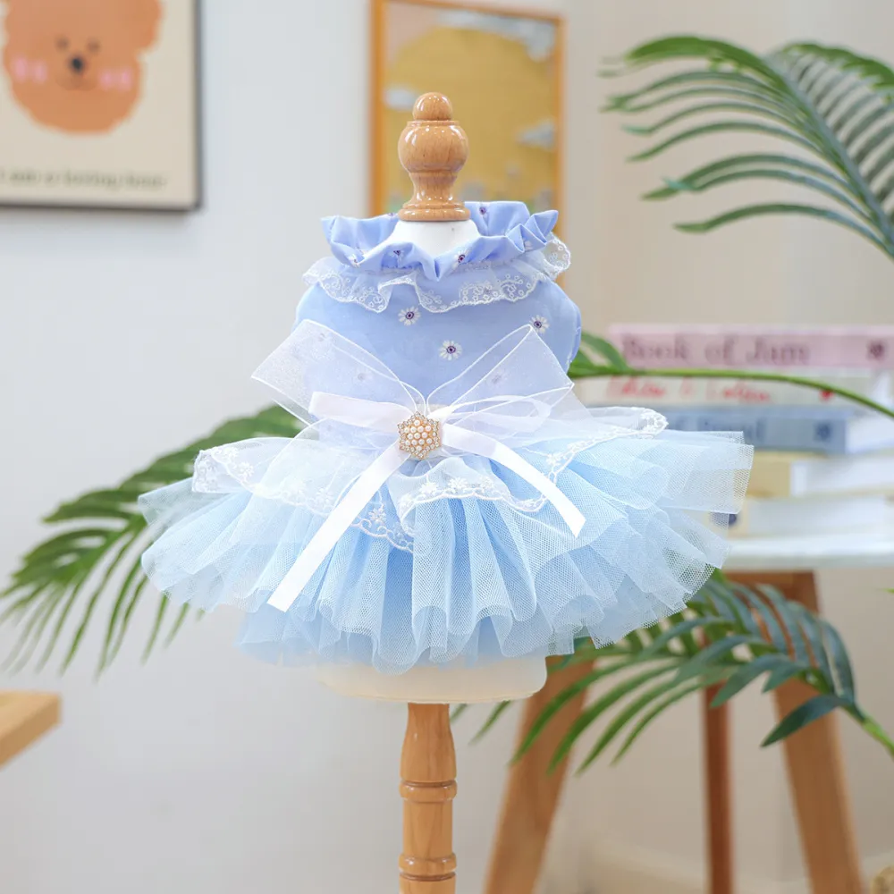 Pet Blue Tulle Dress with Butterfly Hairpin Set