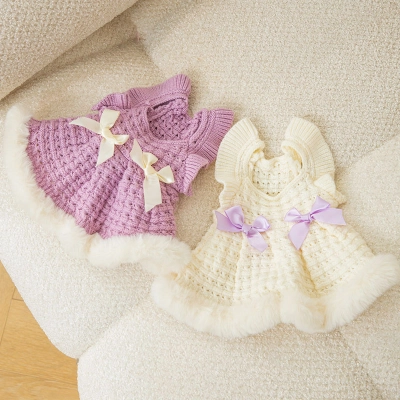 Princess style with Bow tie Pet Winter Wool Dress 01