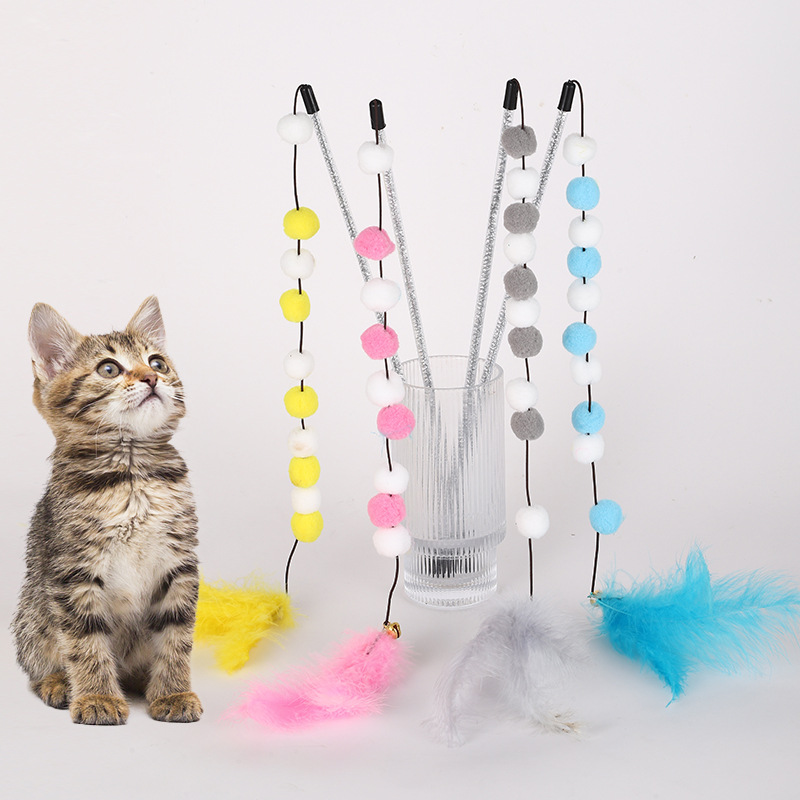 Four Color Pom-Pom Feather Cat Teaser Wand