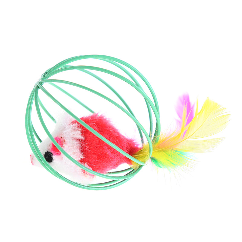 Colorful Wire Cage Cat Toy with Feather Mice
