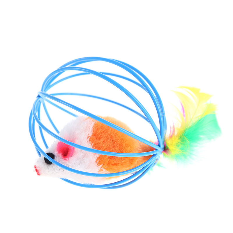 Colorful Wire Cage Cat Toy with Feather Mice