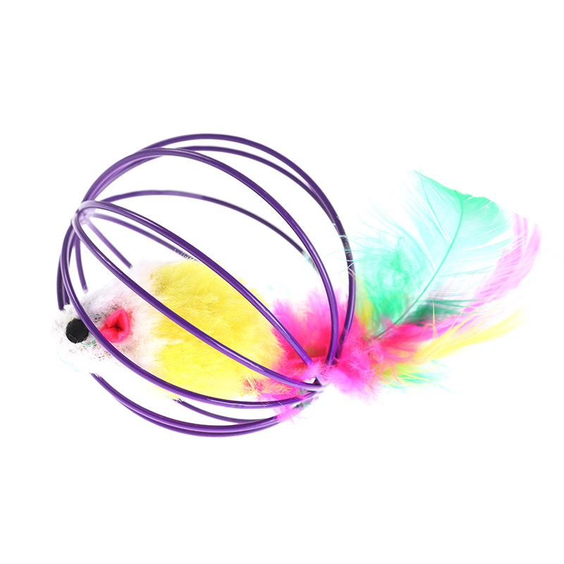 Colorful Wire Cage Cat Toy with Feather Mice