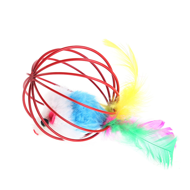Colorful Wire Cage Cat Toy with Feather Mice