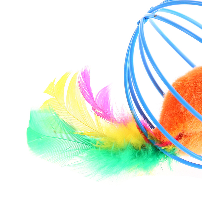 Colorful Wire Cage Cat Toy with Feather Mice