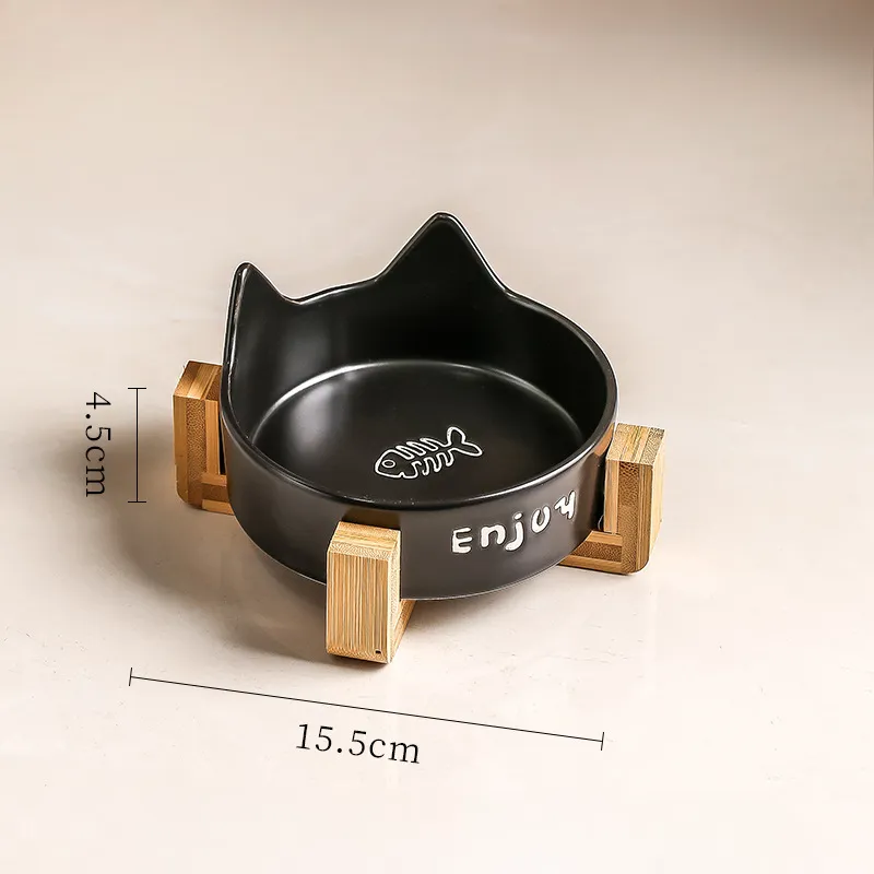 Cat Ear Ceramic Bowl with Wooden Stand