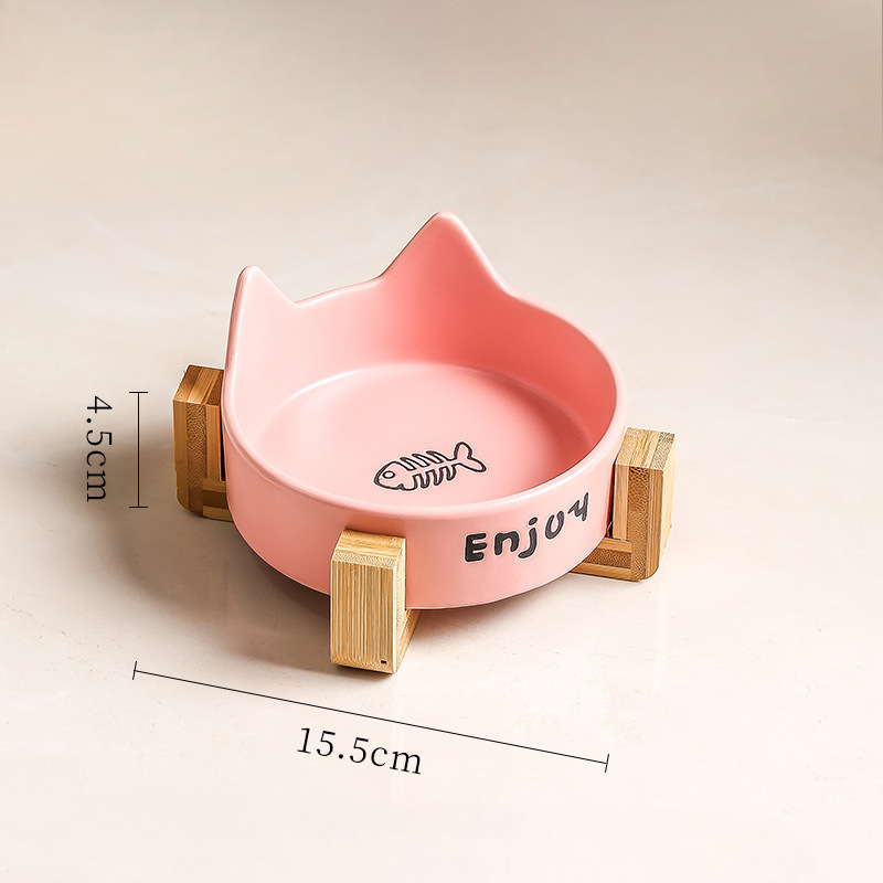 Cat Ear Ceramic Bowl with Wooden Stand