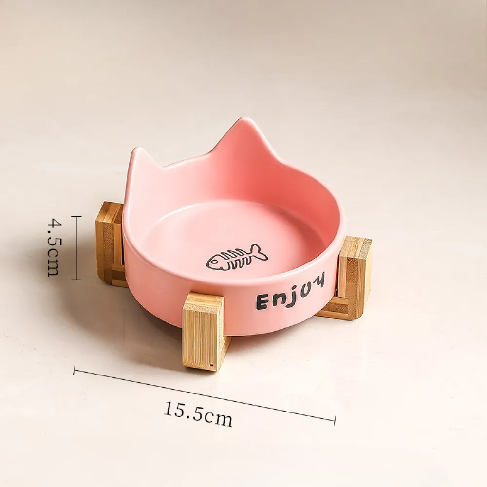 Cat Ear Ceramic Bowl with Wooden Stand