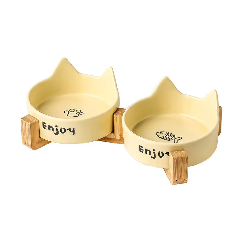 Cat Ear Ceramic Bowl with Wooden Stand