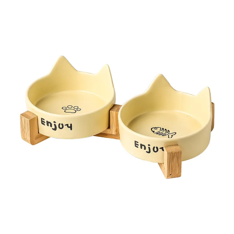 Cat Ear Ceramic Bowl with Wooden Stand