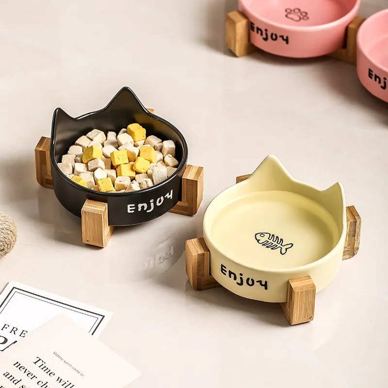 Cat Ear Ceramic Bowl with Wooden Stand