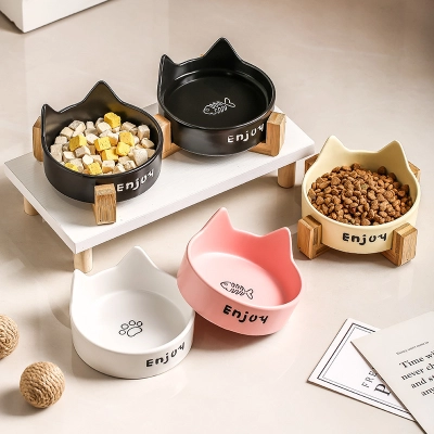 Cat Ear Ceramic Bowl with Wooden Stand 01