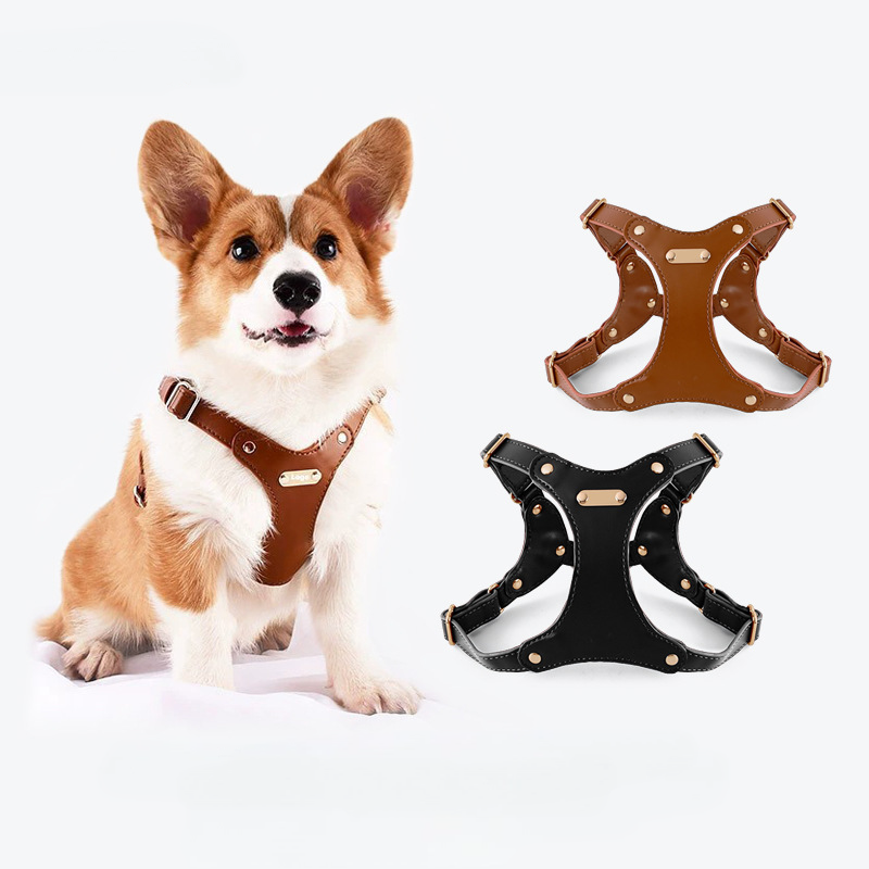 Soft Leather Dog Harness Leash Set