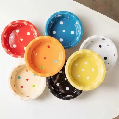 Polka Dot Ceramic Cat Bowl 01