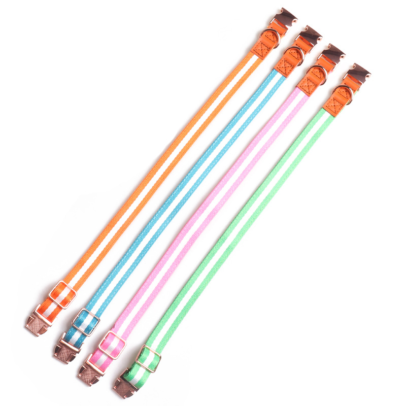 Striped PU Nylon Pet Collar Rose Gold Set