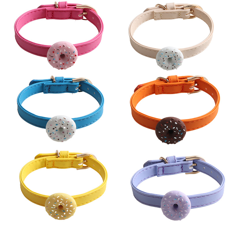 Donut Pattern Pet Collar PU Leather Set