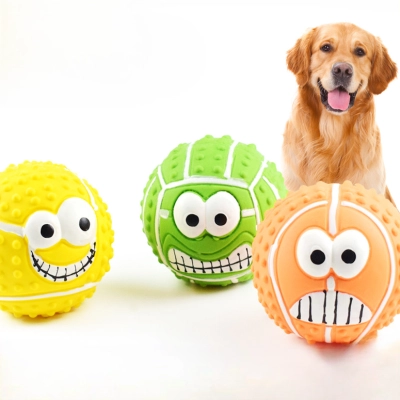 Colorful latex squeaky dog toy with funny faces 01