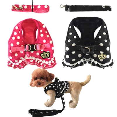 Pink and Black Polka Dot Pet Harness Leash Set 01