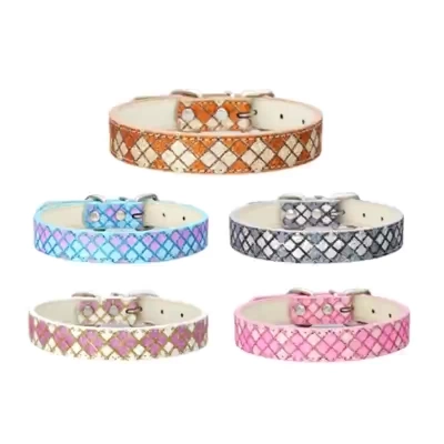Sparkly Plaid PU Leather Pet Collar Set 01