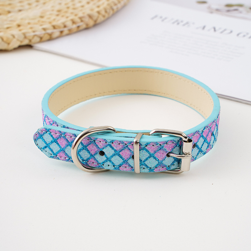 Sparkly Plaid PU Leather Pet Collar Set