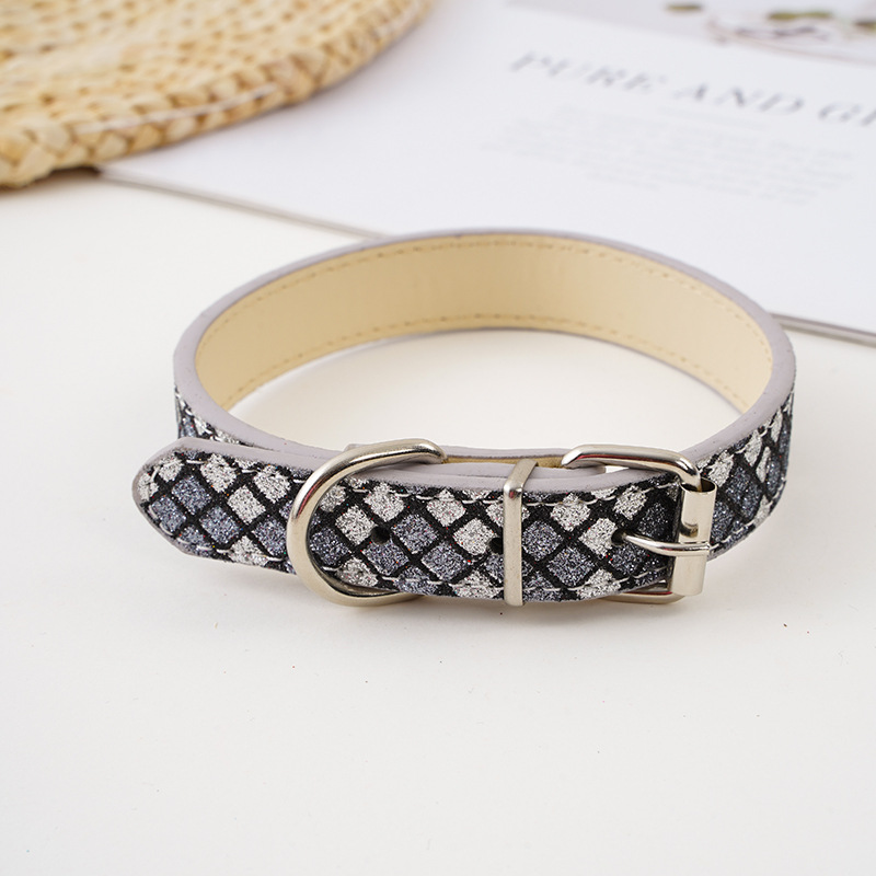 Sparkly Plaid PU Leather Pet Collar Set