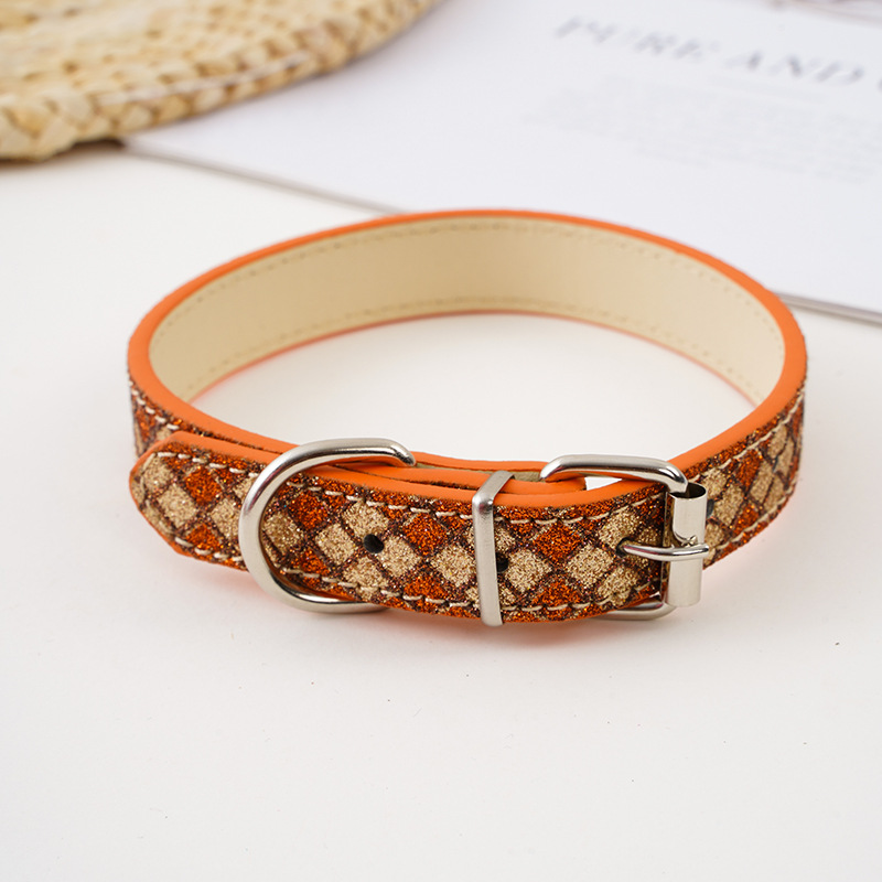 Sparkly Plaid PU Leather Pet Collar Set