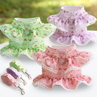 Floral Lace Dog Dress Harness Leash Set 01
