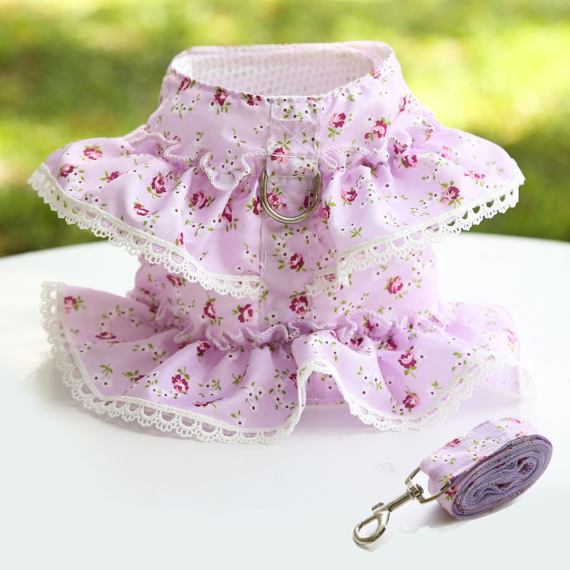 Floral Lace Dog Dress Harness Leash Set
