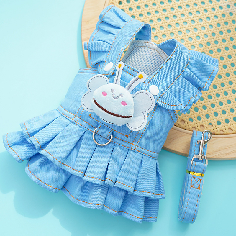 Denim Pet Dress With Bee Charm Leash Hook