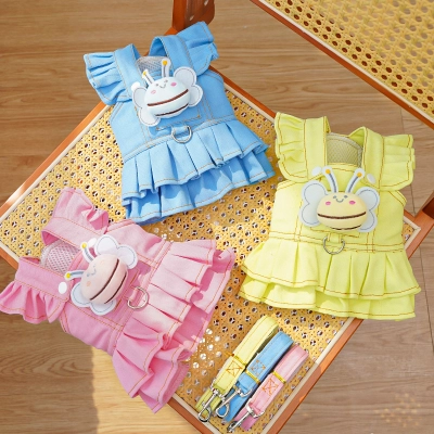 Denim Pet Dress With Bee Charm Leash Hook 01