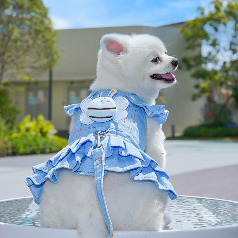 Denim Pet Dress With Bee Charm Leash Hook